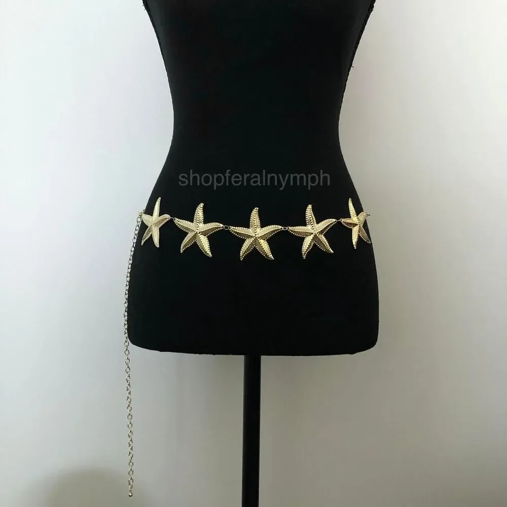 Vintage Y2K Mermaidcore Gold Starfish Chain Belt, Fits 13–44 Inches, X7GA1161